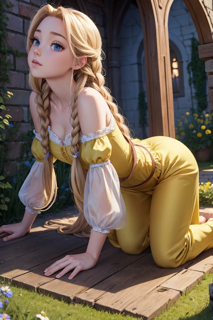 Rapunzel on all fours in front of the man, putting a young man&#39;s penis, in your mouth, smile of pleasure, open shirt, beautiful medium breasts, Topless, sexy e seminua, Beautiful thighs, long  hair, sexy e seminua pose sexy, Beautiful thighs, sensual smile of pleasure, long  hair, surreal, 4K