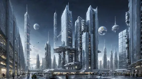 future city building，tall buildings tower，the main building is the highest，night，outer space，spacecraft，space base station，plane...