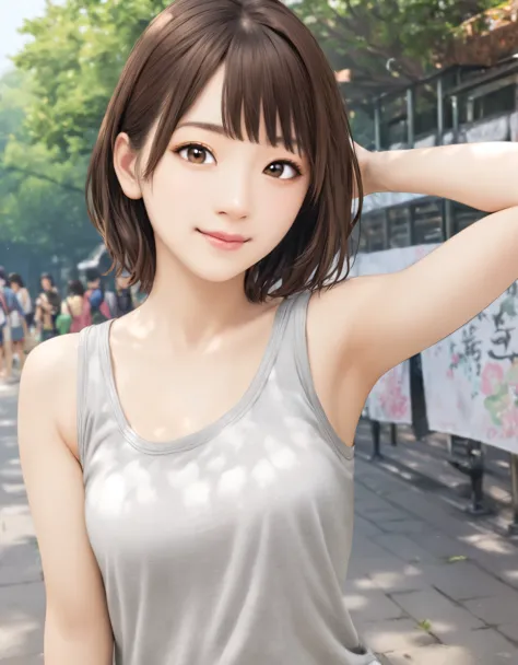 (best quality:1.2), 1girl, ueno park, tank top, hot pants