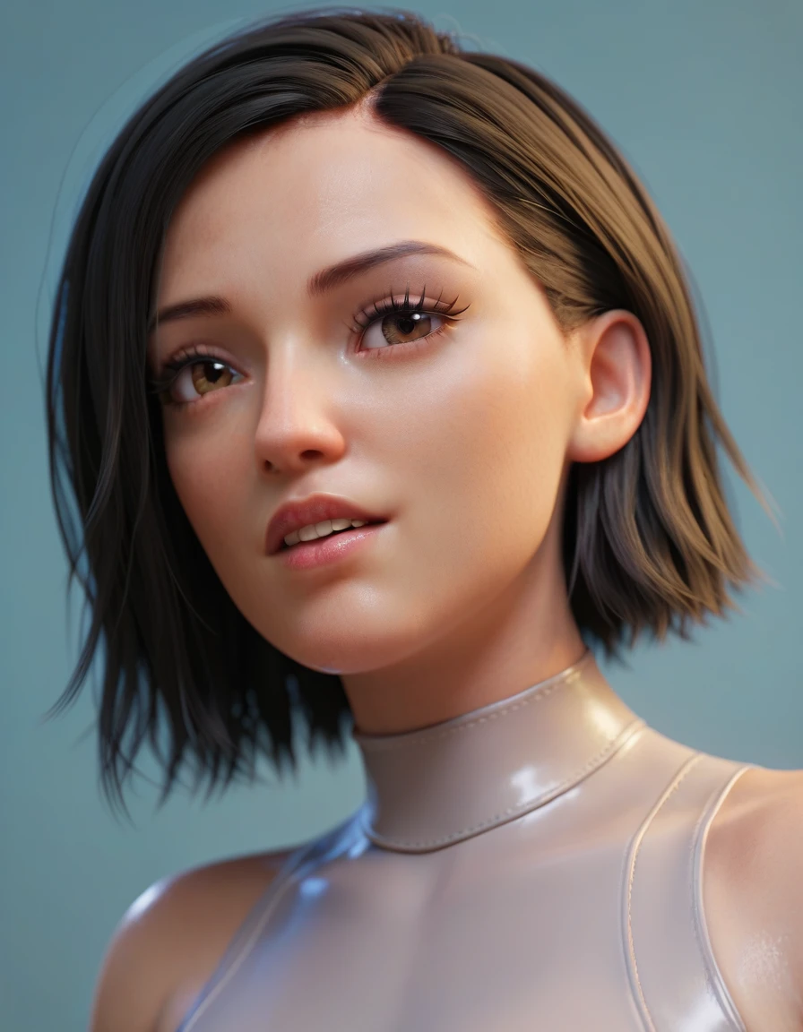 Alita, Bblack hair, eyes browns, eyes large, upper part, latex blouse, looking at the spectator, ssmile, Metal body, best qualityer, cinematic quality