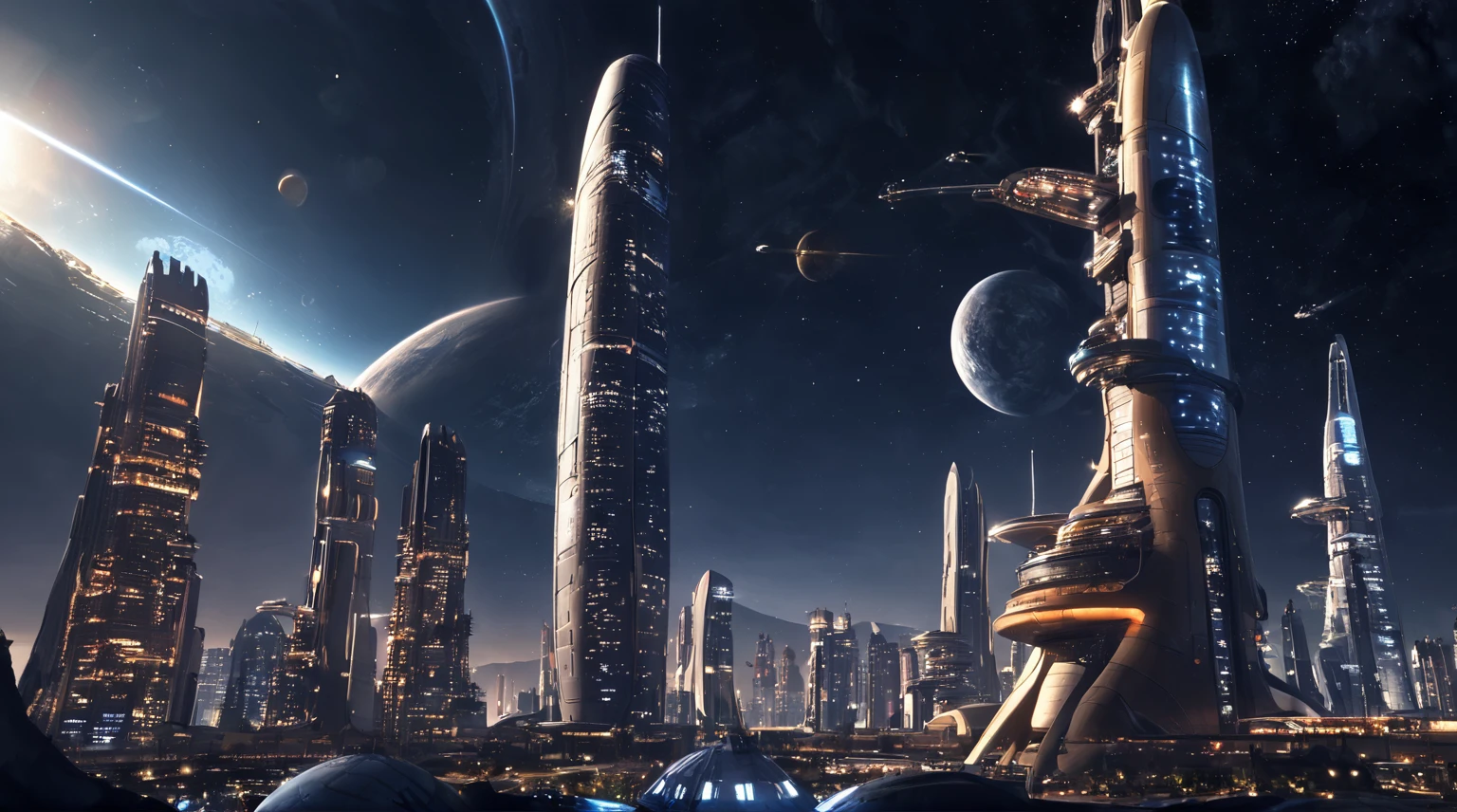 Future City Building，Tall buildings tower，The main building is the highest，night，Outer Space，spacecraft，Space base station，Planet Earth，Sci-fi style，Vertical composition，Interstellar background，Ultra wide-angle lens，Night lighting，spacecraft悬浮，Space base station连接，Planet Earth远景，Cool colors，Mystery。