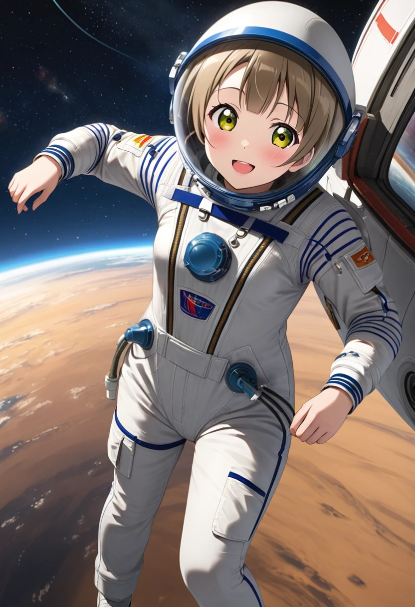 (Spacesuit:1.15), White Cargo Pants, Space Helmet , , Spacewalk, masterpiece, Highest quality, One person, One personで, short hair, , , , Bodysuits,Gloss,Backpack\, baburuherumetto, short hair, (Futuristic spaceship:1.6), , smile,Covered navel, short hair, In other words、Ace,slim,Small breasts,From above, Minami Kotori , Love Live! School Idol Project,