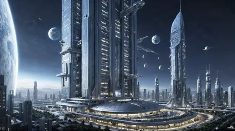 future city building，tall buildings tower，the main building is the highest，night，outer space，spacecraft，space base station，plane...