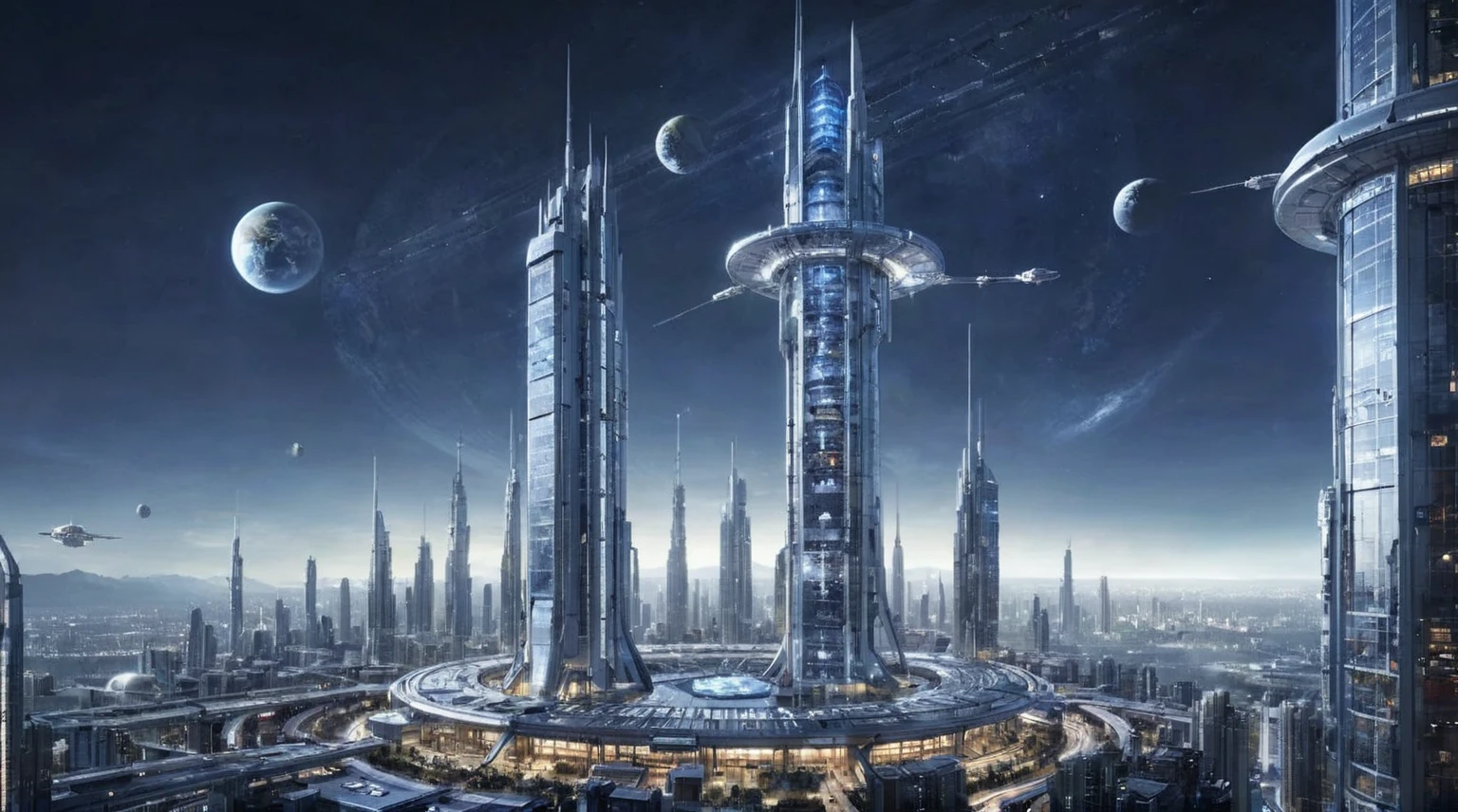 Future City Building，Tall buildings tower，The main building is the highest，night，Outer Space，spacecraft，Space base station，Planet Earth，Sci-fi style，Vertical composition，Interstellar background，Ultra wide-angle lens，Night lighting，spacecraft悬浮，Space base station连接，Planet Earth远景，Cool colors，Mystery。