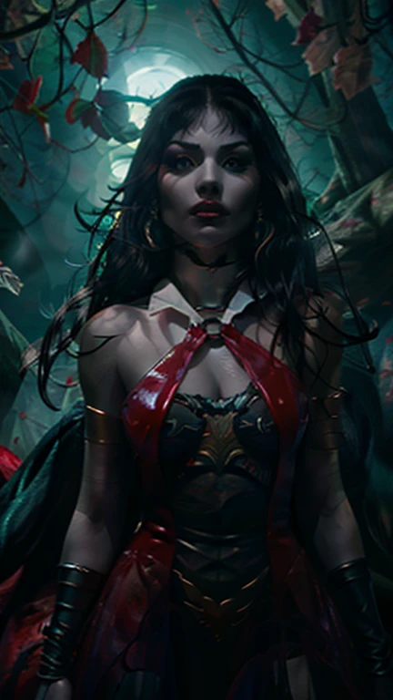 vampirella, a female vampire, detailed face, piercing red eyes, sharp fangs, pale skin, dark wavy hair, intricate gothic dress, dramatic lighting, dark fantasy, cinematic, moody, dark red and black color palette, hyper realistic, 8k, photorealistic