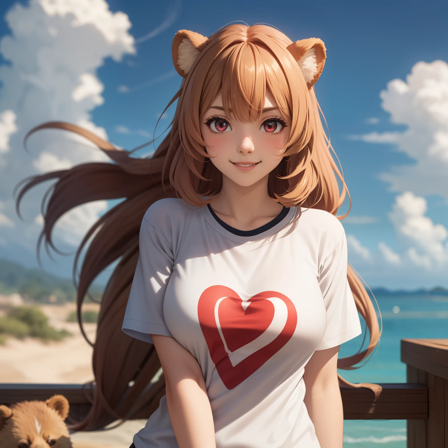 Raphtalia woman19 años straight floating golden blonde hair , rounded bear ears, red eyes like ruby,  shy smile,  big breasts,  camiseta  blanca semitrasparente  mojada, camiseta mojada, concurso de camisetas mojadas,  . fondo  fiesta de espuma. camisetas mojadas. sacando pecho. pechos grandes escote.