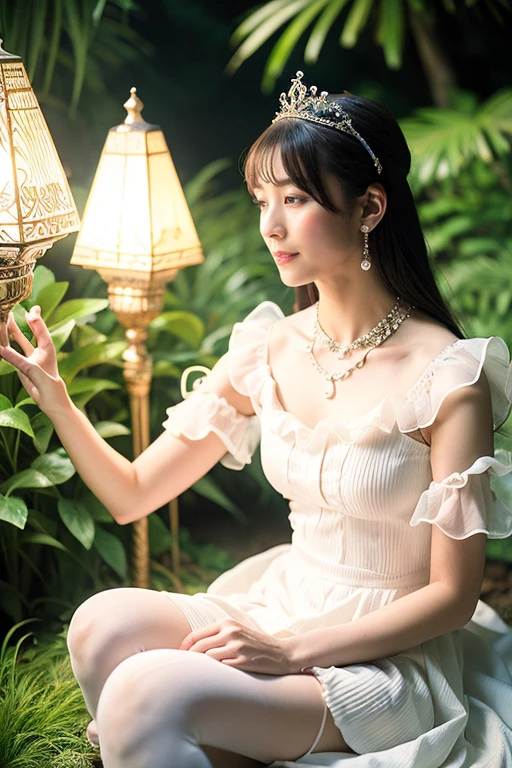 Girl in the palace garden,White princess dress with frills,tiara,necklace,Earrings,No lipstick,See-through tights,1,bangs,A small smile,feet,Straight hair,From below,Front light