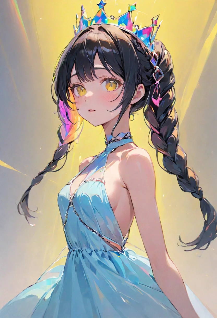 (medium full shot, looking at viewer:1.3), rainbow color combinations, masterpiece, 8k wallpaper, absurdres, best quality, dynamic angle, cinematic lighting, 1girl, (small breasts), cute, delicate, (black hair, pink streaks:1.3), (halter dress, sky blue dress:1.32), long hair, hair between eyes, sidelocks, crown braid, diadem, show shoulders, extremely reflective eyes, (extremely plain background, solid color background, yellow background:1.1)