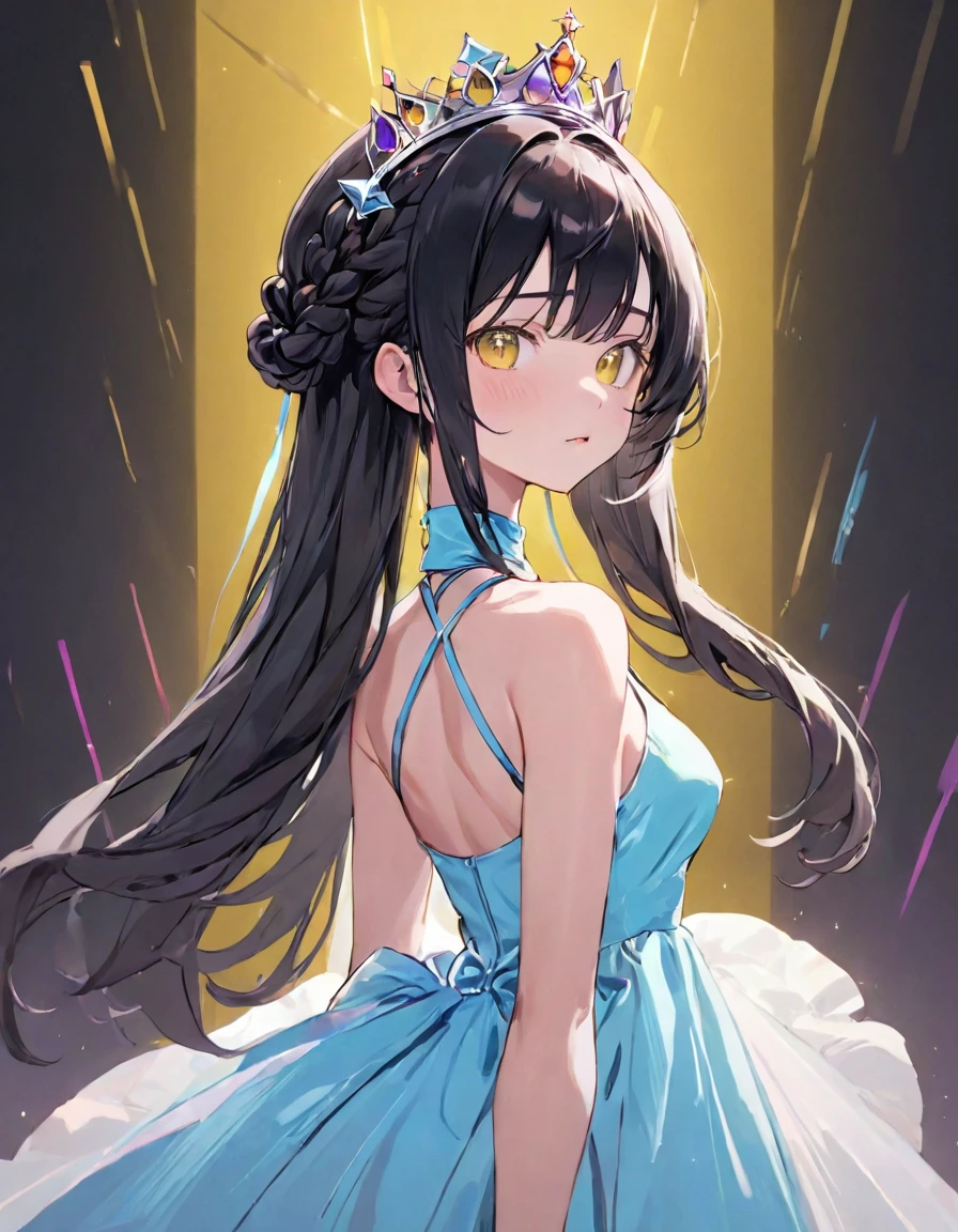 (medium full shot, looking at viewer:1.3), rainbow color combinations, masterpiece, 8k wallpaper, absurdres, best quality, dynamic angle, cinematic lighting, 1girl, (small breasts), cute, delicate, (black hair, pink streaks:1.3), (halter dress, sky blue dress:1.32), long hair, hair between eyes, sidelocks, crown braid, diadem, show shoulders, extremely reflective eyes, (extremely plain background, solid color background, yellow background:1.1)