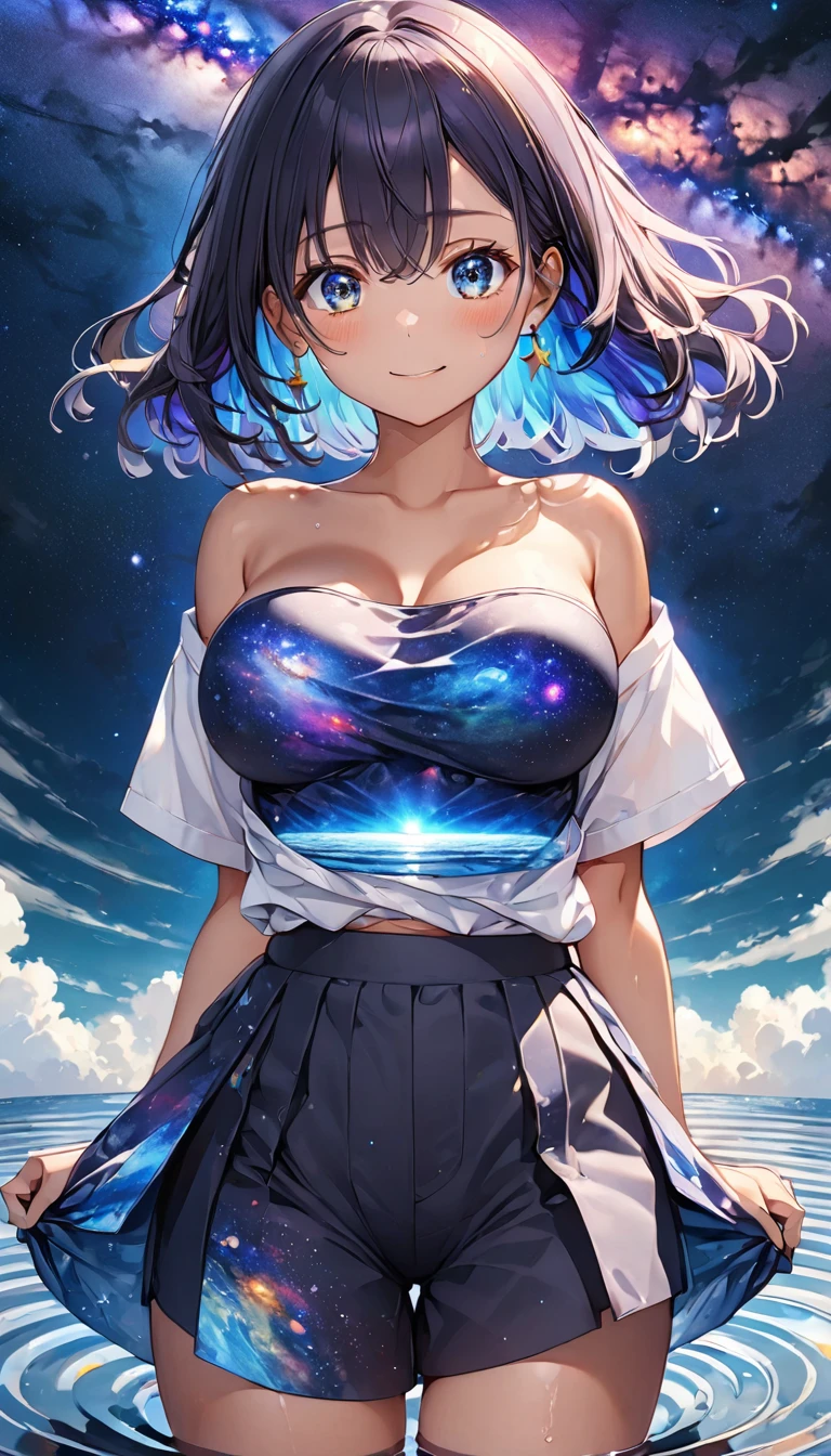 anime illustration, ((((highest quality)))), (((Ultra-precision CG 16K))), (((masterpiece))), BREAK skinny body, slender waist, medium Breasts, (((perky breasts))), ((sagging breasts)), (covered nipples),  (((tanned skin, tan lines))) , BREAK (written in detail of face, smiling, blush, determined expression, sweaty , Heavy breathing, embarrassed, ) , (natural make), BREAK narrow eyes, (streaked hair, hair intakes, colored inner hair, ) BREAK (((wearing printed oversized clothing , wearing wide-leg-pants, breasts is covered by outfit, (detailed panty), Narrow aisles,))) , wearing earrings , BREAK ( stick breast out,) BREAK  (( ripples , horizon , under the cosmic sky on the cosmic sea , cosmic effects, milky way, a girl blended into the background )), ((bust-up shot, looking at viewer, extremely detailed eyes )), BREAK ((cinematic  , pinup magazine pose, dancing , scoop water with both hands