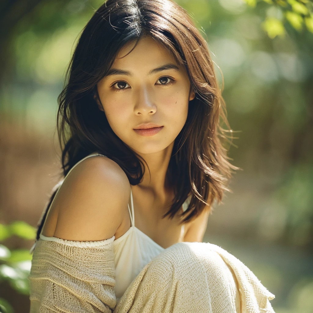 A hyper-realistic close-up image of a single Japanese woman in her early 20s, captured with the nostalgic warmth and subtle graininess of a film camera, focusing on her face and shoulders. Her skin has a warm beige tone with a natural, slightly rough texture that includes visible pores, fine lines, and subtle imperfections such as small blemishes, adding to the authenticity of her appearance. The soft, diffused natural light typical of a sunny summer day casts gentle, warm shadows on her face, enhancing the film-like quality while maintaining the realistic texture of her skin. Her straight, glossy black hair is slightly tousled by a gentle summer breeze, framing her face naturally. She is wearing a light, summery outfit, perhaps with straps visible at the shoulders, that complements her natural beauty and suits the warm weather. The film camera effect introduces a slight grain and a softer focus, giving the image a warm, nostalgic atmosphere while preserving the realism of her skin and features. The overall composition captures the serene and effortless elegance of a summer day, with the focus on the realistic texture of her skin and the timeless quality of the film camera aesthetic.