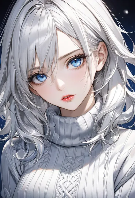 , silver hair, blue eyes, serious and sharp features, white skin, glossy lips, good looking, perfection, sweater