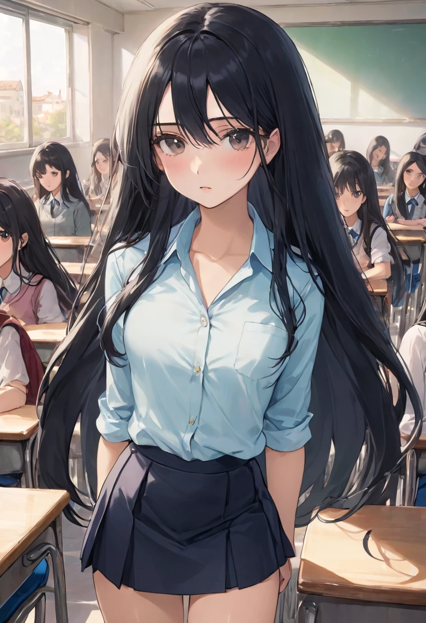 School class scenario, an Italian girl with very long black hair, tiny breasts, thin, girl, the girl is wearing a blouse and a miniskirt with lapels