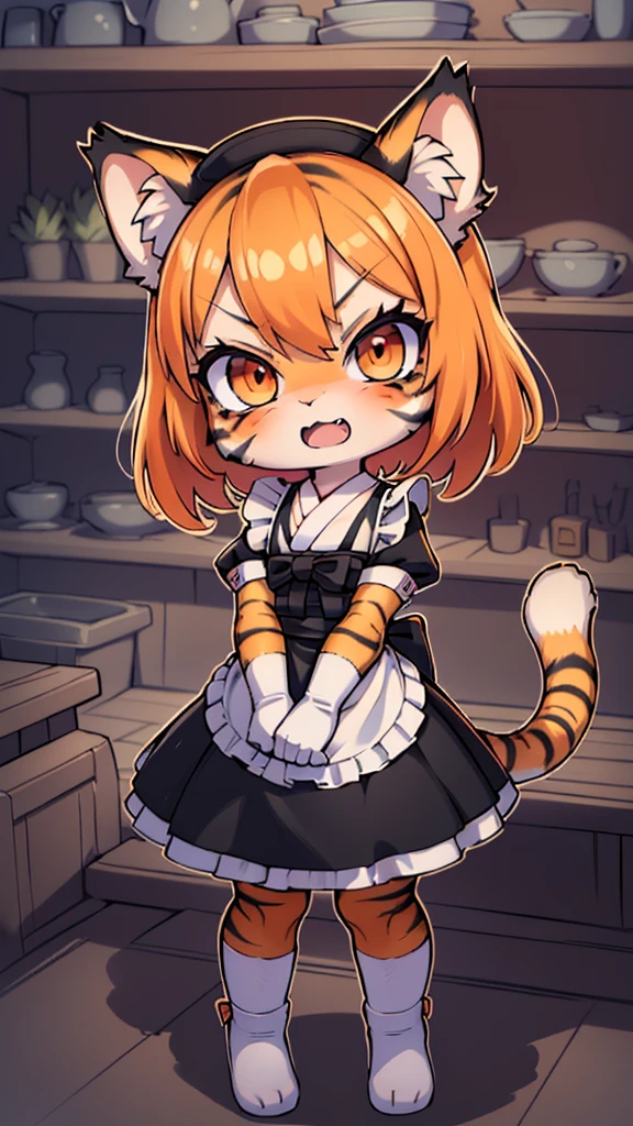 (masterpiece, High quality, Best quality, 8k, High resolution), ((chibii style, chibi cute)), ((solo, 1 kid girl)), {tiger girl, tiger face, 1 fang, long eyelashes, eyeliner} {tiger whiskers}, (((Tiger skin all over the body, Tiger stripes on the body))), (short hair, orange hair), ((Murderous look, very angry,)), ((open mouth)), orange eyes, ((from below)), (flat chest), thin arms, ((black traditional japanese long maid outfit)), {{maid hat}}, {{maid gloves, long white pantyhose, sneakers}}, {{{mini tiger Tail, Tail on the back}}}, ((full body, standing, crossed legs)), home background, (blue sky, day, blur background, clouds), ((((Tora-chan no Hanayome style)))), (old anime 40s style), anime style.