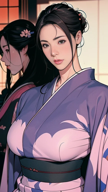 1，Japanese hairstyle，Photorealism，detailed，masterpiece，mature，((full))， (Broad shoulders), ((Huge))，Plus size mature women，expensive，30 years old，Pretty face, (Plump woman)，Beautiful long-sleeved kimono，kimono，Hold your chest with both hands:1，high quality，Are standing，High Resolution 4K Information,Kyoto,
