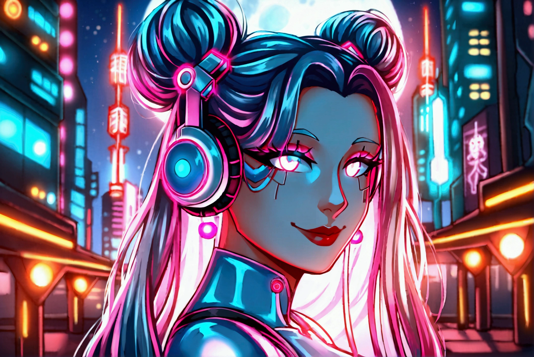 1 woman, Chinese_clothes, liquid silver and pink, Cyber Han,How many guards?,White bra,White underwear with a bow,Slick,bare,cyberpunk city, dynamic gesture, Glowing headphones, glowing hair accessories, long hair, glow earrings, Fluorescent necklace, cyberpunk, เมืองที่มีtechnologyสูง, full of mechanical and of the future elements, of the future, technology, glowing neon, pink, Light blue, Clear tool, Transparent beam, laser, City Sky Digital Background, Big Moon, with vehicles, best quality, Masterpiece, 8ก, Edge of character light, Extremely high detail, High quality, The most beautiful woman in humanity, smile a little, The face faces left and right symmetrically., Ear decoration, Beautiful iris light effect, Image data, I have silver-white hair, Hair is not messy, long hair,Two high bun braids hairstyle, Luminous electronic clock, deep eyes, be happy, English Doodle Writing