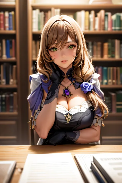 a young girl standing in a library, her hand on her chest, 1girl, beautiful detailed eyes, beautiful detailed lips, extremely de...