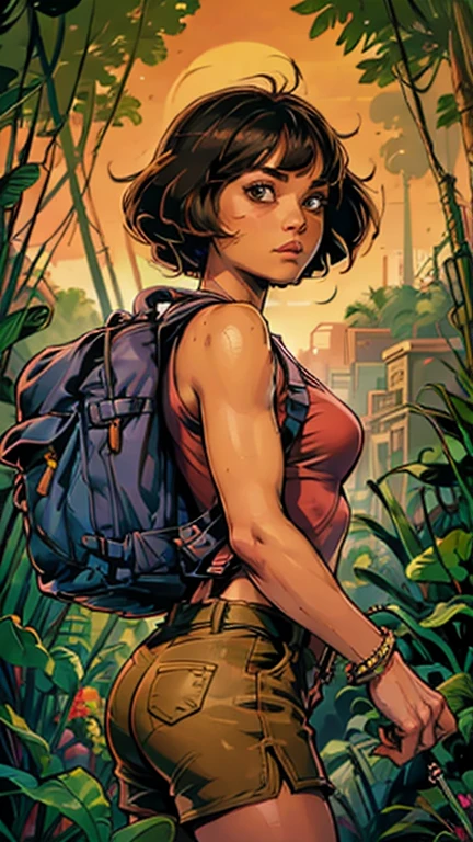 (1girl, Dora), (extremely detailed CG unit 8k wallpaper),(master part), (best quality), (ultra detail), (best illustration),(art adams style), cowboy shot, (Sharp eyeliner, ombre, detailed eyes:1), jungle, outdoors background, ,break , (Dan Mumford Background), upper body, short hair, brown hair, brown eyes, tan, pink shirt, orange shorts, bracelet,backpack, 