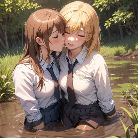 romance students, two girls students in school shirts, lesbian couple, blonde or ginger, beautiful, alumnaxalumna, classmates, (...