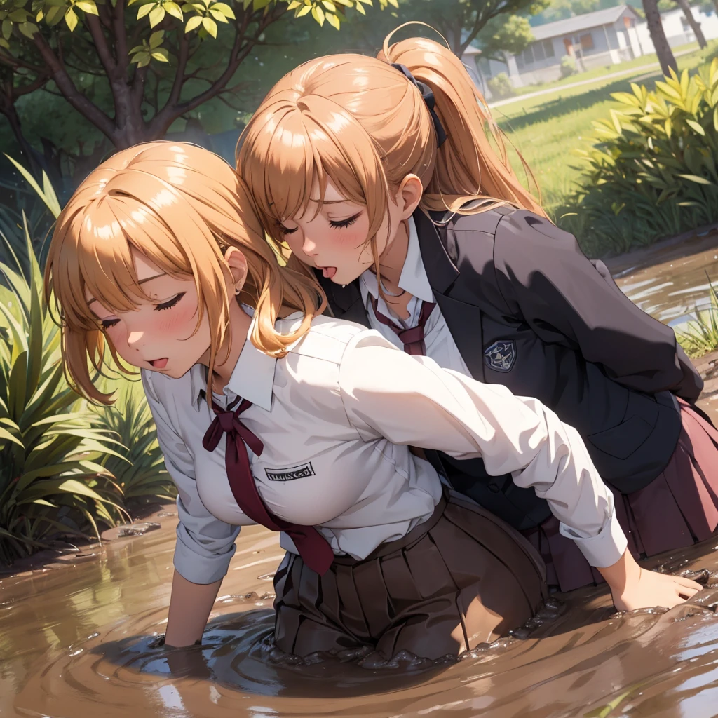 Romance students, two girls students in school shirts, lesbian couple, blonde or ginger, beautiful, alumnaxalumna, classmates, (kissing passionately:1.3), facing each other, mouth to mouth, sinking deep in the middle of quicksand, bog, swamp, marsh, muddy, messy, deep mud, orgasm, intimate moment, closed eyes, passion, 