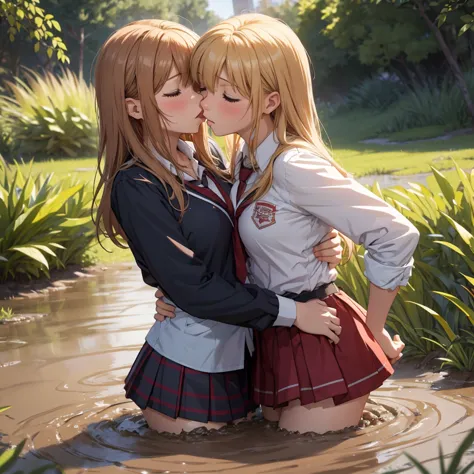 romance students, two girls students in school shirts, lesbian couple, blonde or ginger, beautiful, alumnaxalumna, classmates, (...