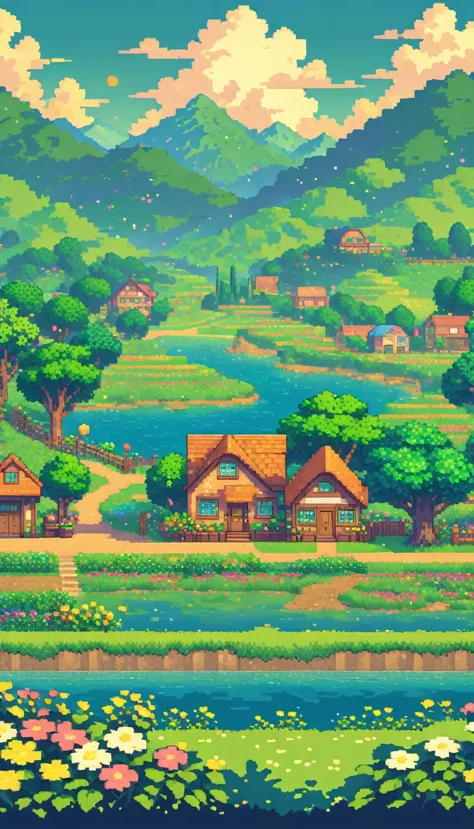 ultrawide landscape lofi stardew valley pixel, kawaii city, no people