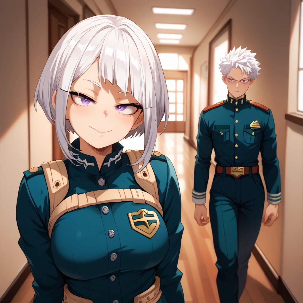 Detailed, best quality, 1 female, cowboy shot, My Hero Academia PE uniform, short white hair, boy-cut hair, purple eyes, fully lidded eyes, evil eyes, no smile, stocky, hallway background