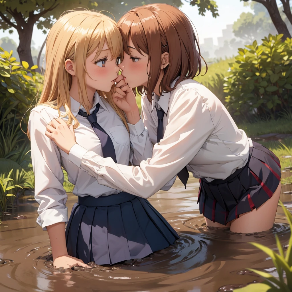 Romance students, two girls students in school shirts, lesbian couple, blonde or ginger, beautiful, alumnaxalumna, classmates, (kissing passionately:1.3), facing each other, mouth to mouth, sinking deep in the middle of quicksand, bog, swamp, marsh, muddy, messy, deep mud, orgasm, intimate moment, passion, 