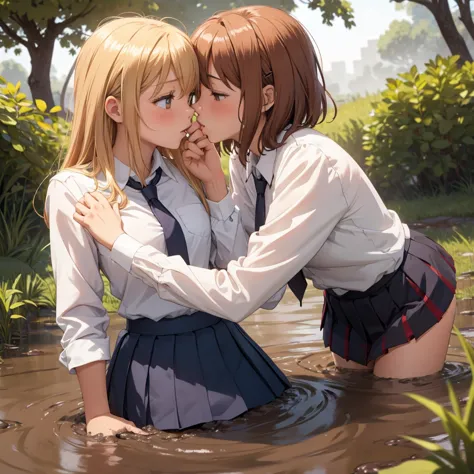 romance students, two girls students in school shirts, lesbian couple, blonde or ginger, beautiful, alumnaxalumna, classmates, (...