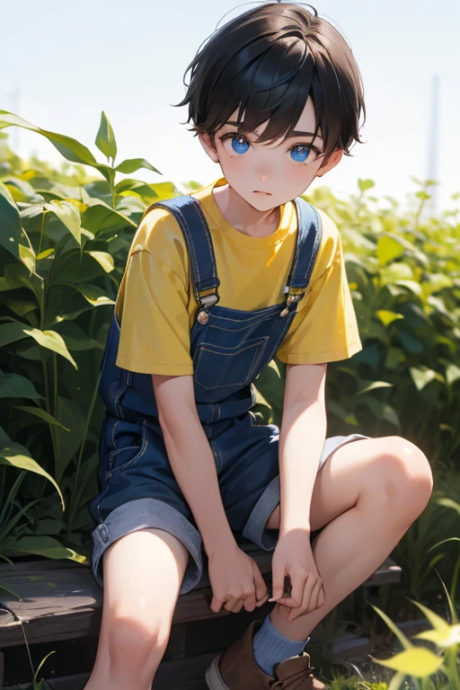 1boy, young british boy in overalls with shorts and a yellow shirt underneath, sitting on knee, glowing blue eyes, outdoor, close-up