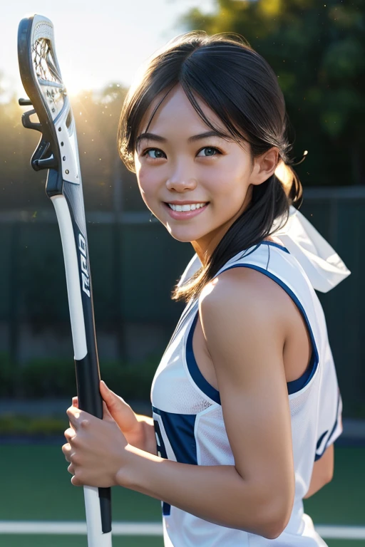 (8k, RAW photo, best quality, masterpiece), (photorealistic), outstanding details, ultra-high resolution, anatomically correct, textured skin, (Extremely precise and accurate anatomy),
Ultra Detailed Face, Detailed Eyes, 

(Cute Japanese girl), 
Lacrosse player, tanned skin, smiling face, holding Lacrosse stick, 

(backlighting), 
reflection light, 
atmospheric perspective, depth of field, 
(dramatic lighting), cinematic lighting, 