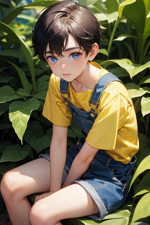 1boy, young british boy in overalls with shorts and a yellow shirt underneath, sitting on knee, glowing blue eyes, outdoor, close-up