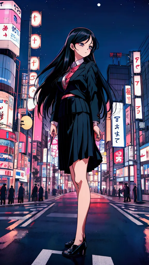 city pop background,tokyo at night,ennui woman,black hair,long hair,straight hair,whole body,skirt,high quality