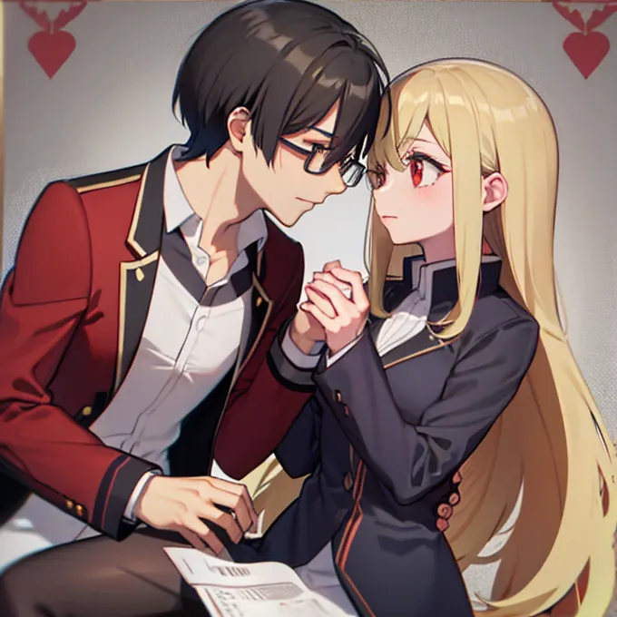 1 boy with black hair, red jacket and glasses romantically kissing a girl with blonde hair and red eyes. flower field in the bac...