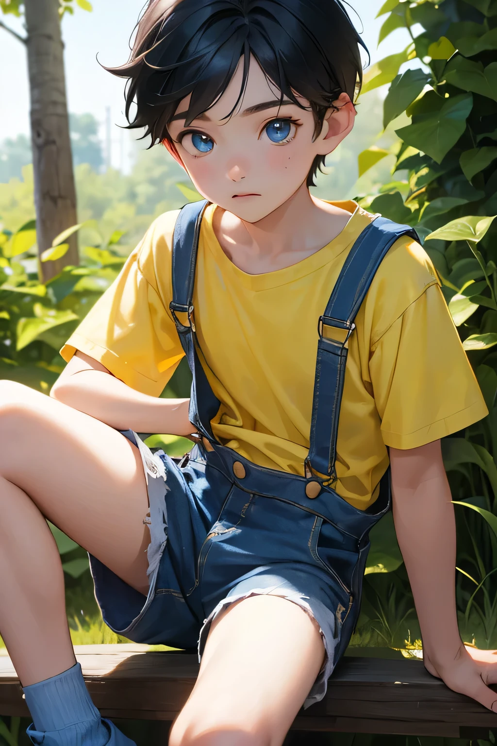 1boy, young little british boy in overalls with shorts and a yellow shirt underneath, sitting on knee, glowing blue eyes, outdoor, close-up