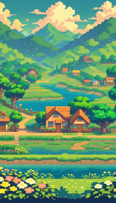 ultrawide landscape lofi stardew valley pixel, kawaii city, no people