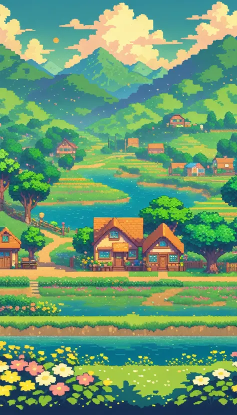 ultrawide landscape lofi stardew valley pixel, kawaii city, no people