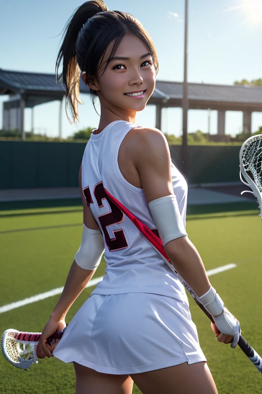 (8k, RAW photo, best quality, masterpiece), (photorealistic), outstanding details, ultra-high resolution, anatomically correct, textured skin, (Extremely precise and accurate anatomy),
Ultra Detailed Face, Detailed Eyes, 

(Cute Japanese girl), 
Lacrosse player, tanned skin, smiling face, holding Lacrosse stick, Running, Ponytail, Field lacrosse, 

(backlighting), 
reflection light, 
atmospheric perspective, depth of field, 
(dramatic lighting), cinematic lighting, 