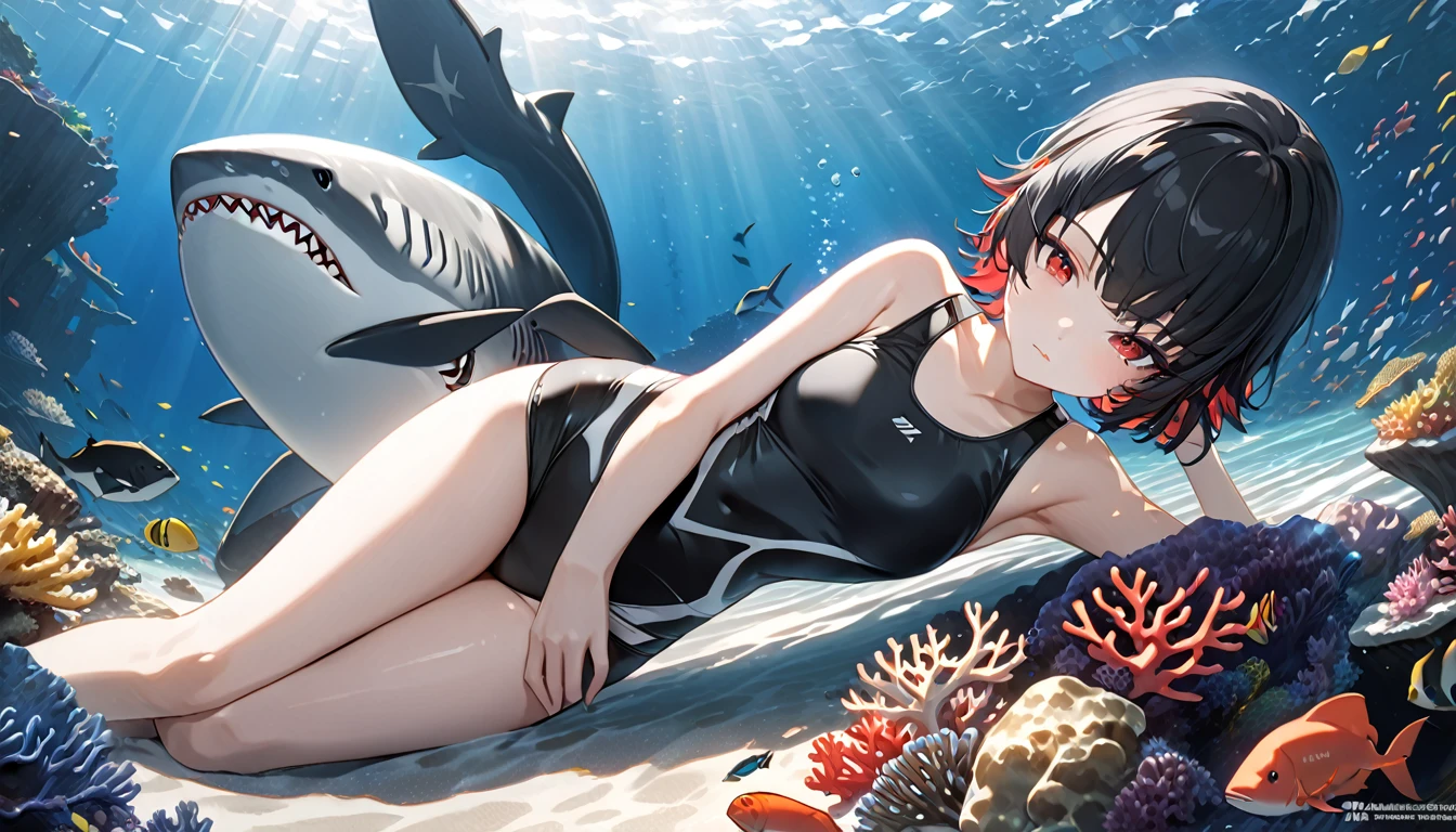 Full body view，masterpiece，high resolution，Anime Art，Anime Numbers， 4k anime wallpaper，Soft Light，Radiant Skin，Looking at the camera，Solitary，An anime girl，Lying down，Black short hair，Striped hair，a mole under red eyes，Black one-piece swimsuit，thigh，Black shark tail，seabed，Coral Reef