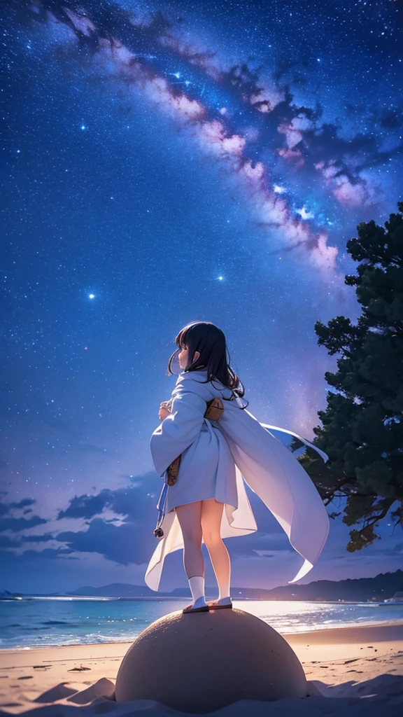 Japanese cartoons、(masterpiece:1.2),(Ridiculous:1.2),high resolution,Very detailed,stunning creation,Starry sky themed artwork、White Sand Beach、Woman looking up at the starry sky、Black silhouette、((Traveler from another world、cape))、gazing heavenward、Beautiful Effects、Lighting production、meteor