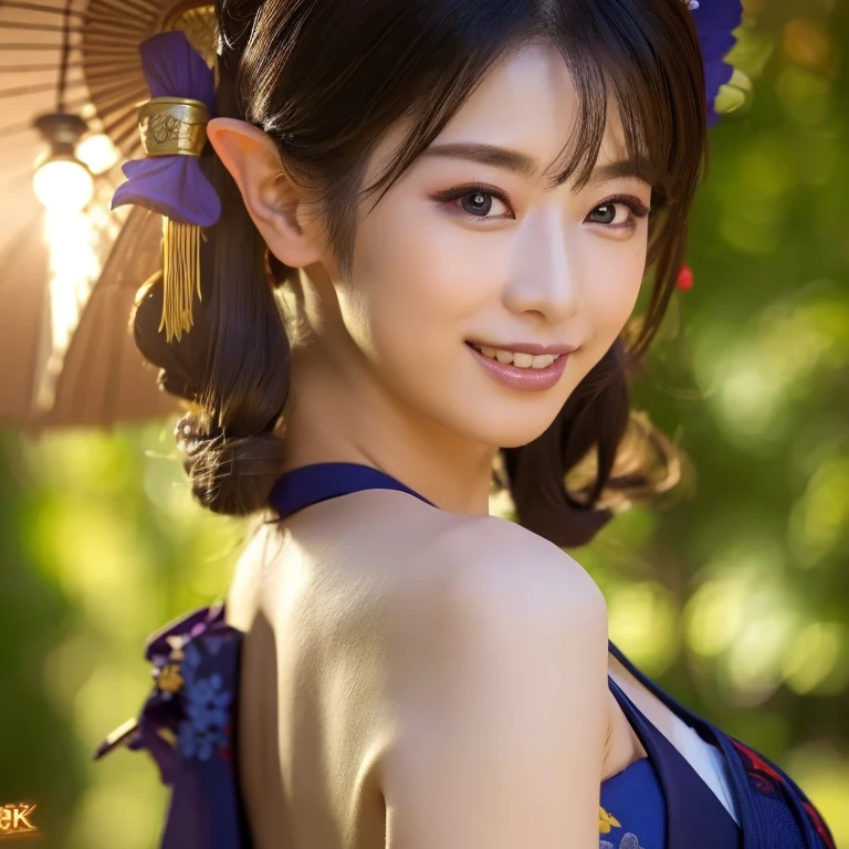 (Super elaborate CG Unity 8K wallpaper), (masterpiece), (highest quality), (realistic), geisha, sexy kimono, dance, elf, pointed ears, ((best quality)), (super detailed)), (((photo)), autumn Japan forest, big breasts, slender body, provocative smile , looking forward,The face is in focus、(close up on face:1.3)