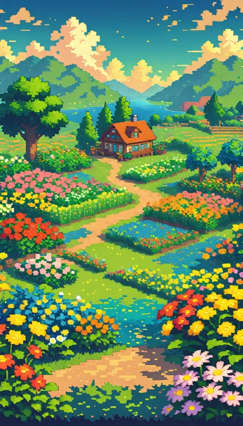 ultrawide landscape lofi stardew valley pixel, flower garden, no people