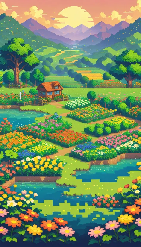 ultrawide landscape lofi stardew valley pixel, flower garden, no people