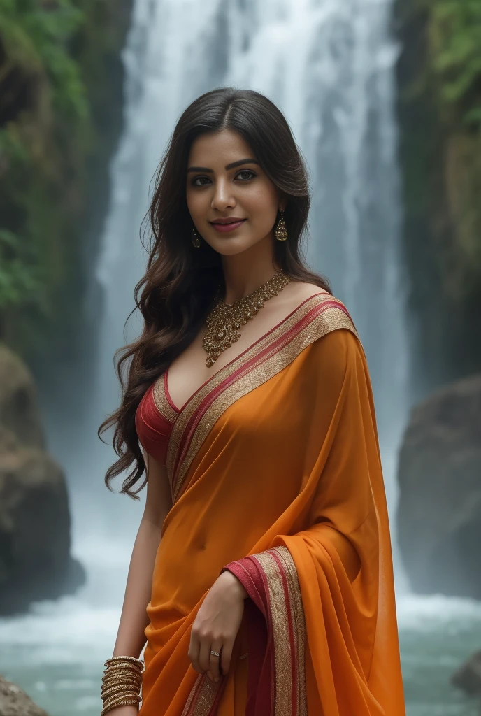 day scene, close up photo of Indian actress from top view, wearing saree, kneel down in a forest, surrounded by men  , many many around her,men grab her , men touch her chest,breast grab from behind,big cheeks, curvy, hourglass figure, men grabbing her breasts and waist, sexy navel, swooping breasts, ponytail hair, necklace, look at viewer and smile, (cinematic:1.3), intricate details, (ArtStation:1.2)