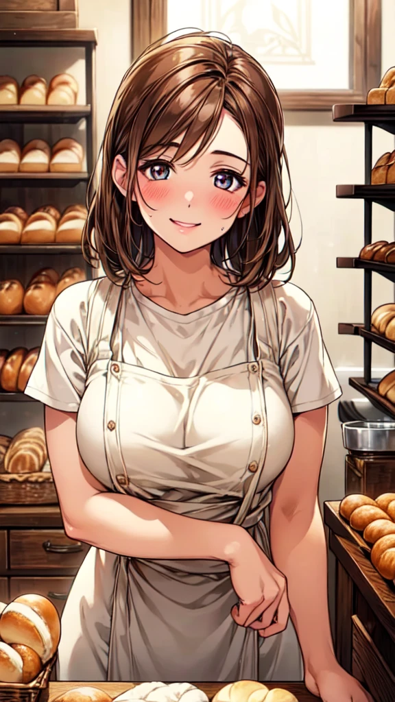 (High quality, High resolution, Fine details), a bakery staff working in a cozy bakeshop, freshly baked bread, warm lighting, vintage decor, natural wood accents, solo, curvy adult women, light brown hair, sparkling eyes, (Detailed eyes:1.2), smile, blush, Sweat, Oily skin, natural lighting, Soft tones, shallow depth of field