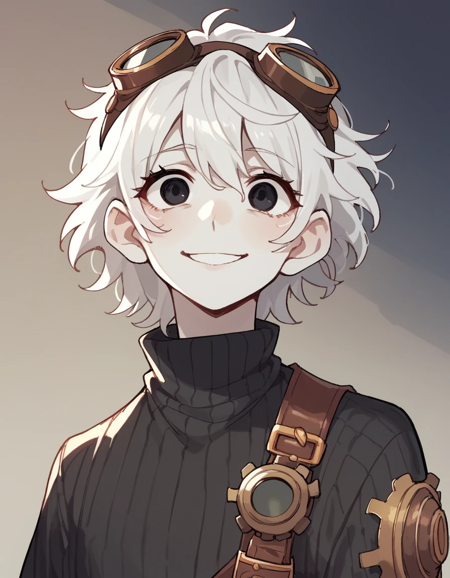 zPDXL, score_7, medium hair, white messy hair, white but white skin, steampunk goggles in hair, black turtleneck sweater, black eyes, Mischievous smile, 