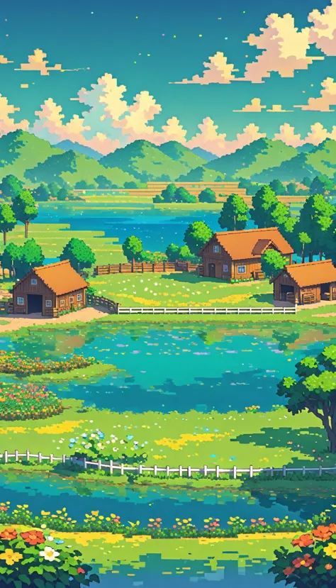 ultrawide landscape lofi stardew valley pixel, lagoon, no people ,cow and horse stables