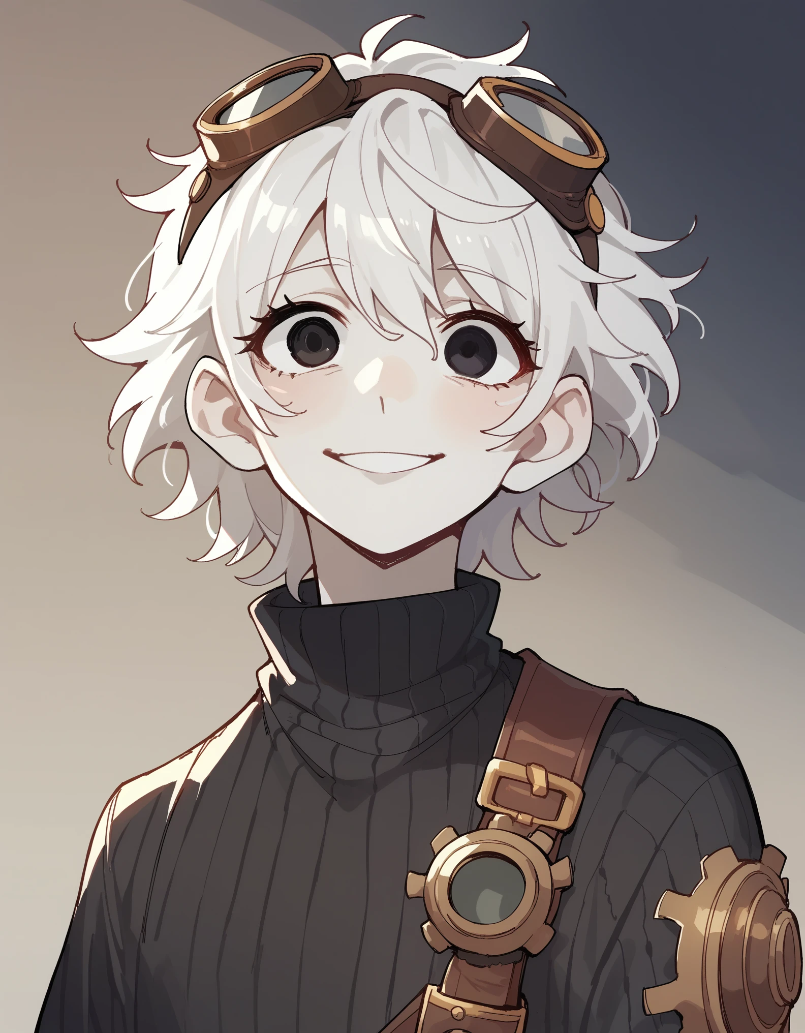 zPDXL, score_7, medium hair, white messy hair, white but white skin, steampunk goggles in hair, black turtleneck sweater, black eyes, Mischievous smile, 