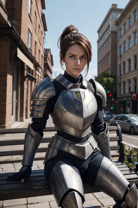 brig,  brown hair,  ponytail, armor, power armor, looking at viewer, serious, sitting, on bench, outside, city, blue sky, high q...