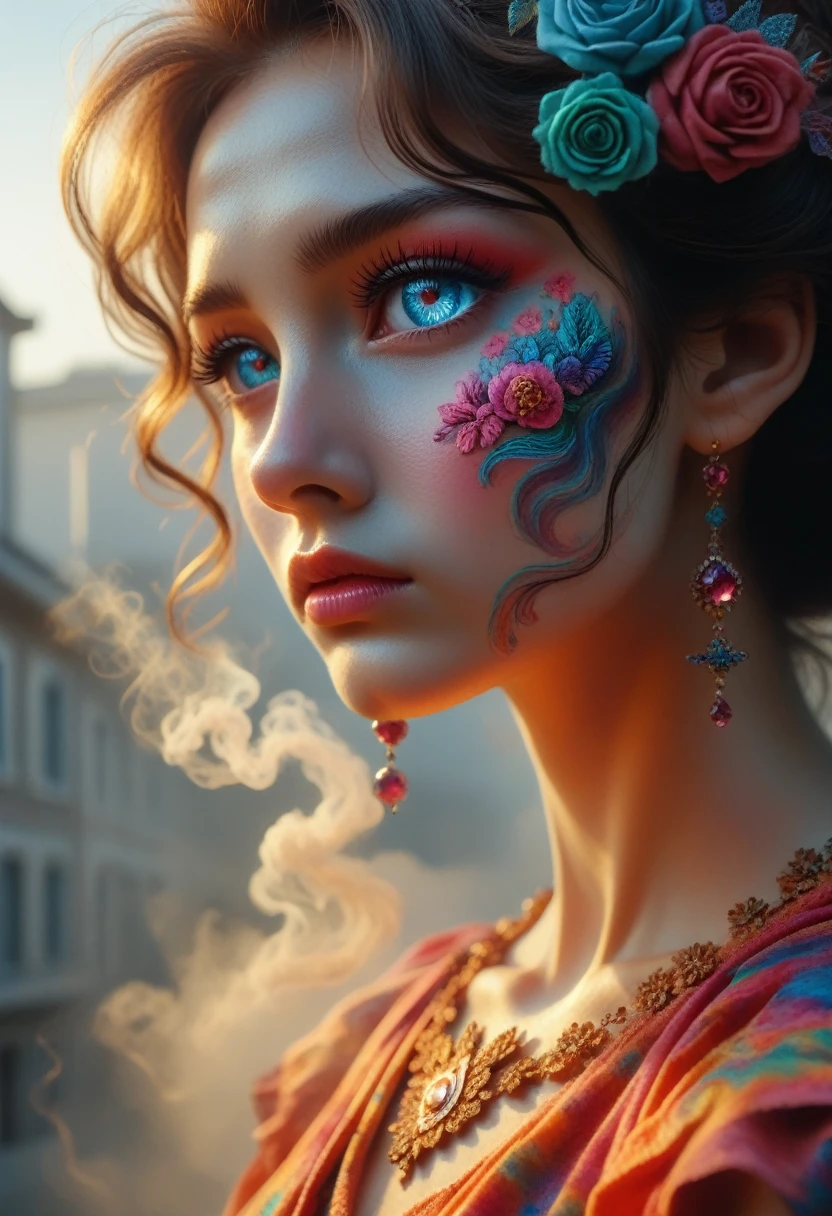 _james jean, floating female figure made of ribbons, smoke, in the sky, colorful and vibrant, mystical colors, contemporary impressionism, yanjun cheng portrait painting, iridescent painting, 3/4 perspective view, cute face, low angle, sweeping circling composition, large beautiful crystal eyes, big irises, UHD, HDR, 8K, (Masterpiece:1. 5), (the most beautiful portrait in the world:1.5)